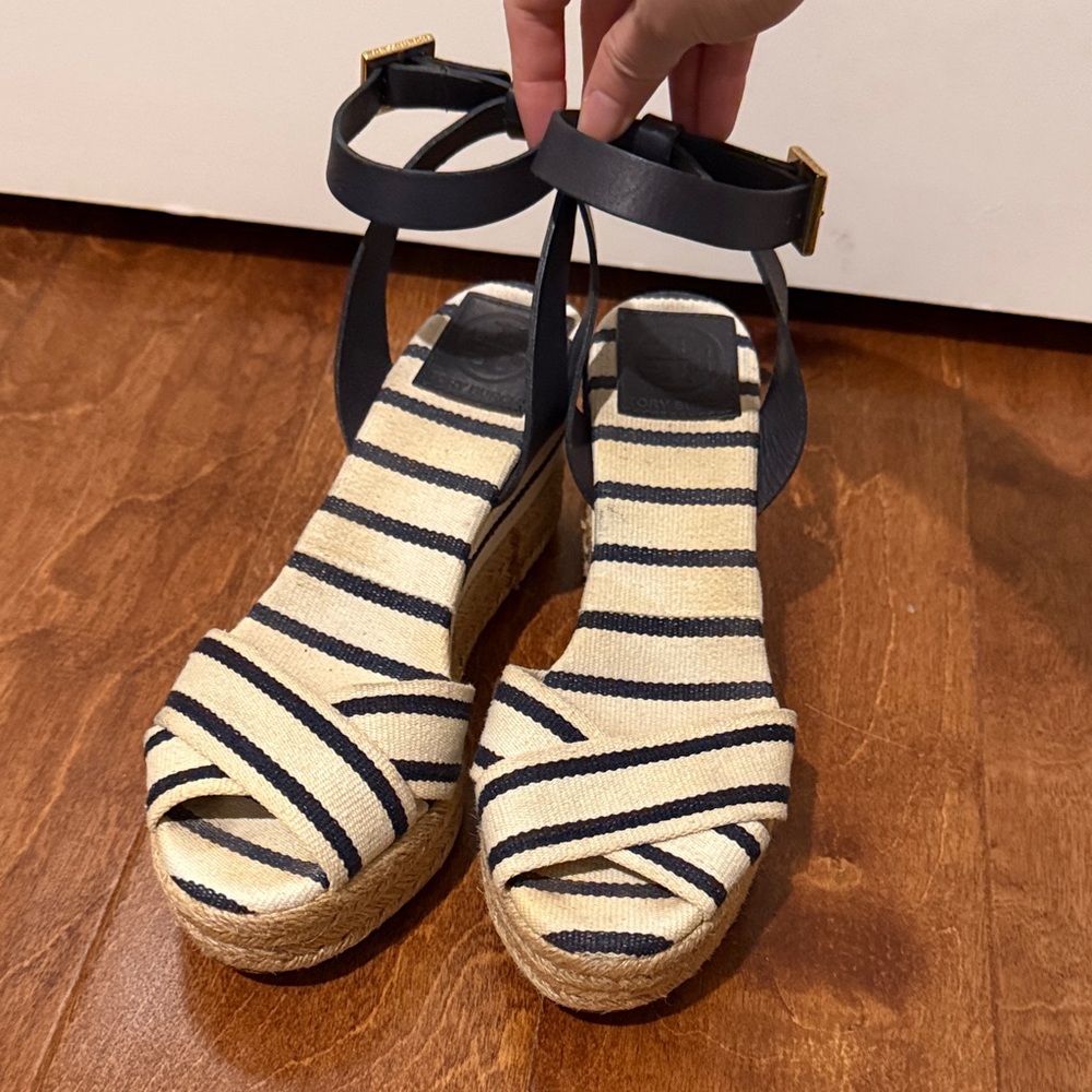 Tory Burch Navy and Cream Striped Espadrille Wedge Sandals